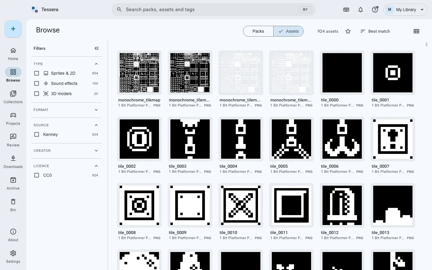 Browsing the library, with filters for kind, format, source, license and style down the side.