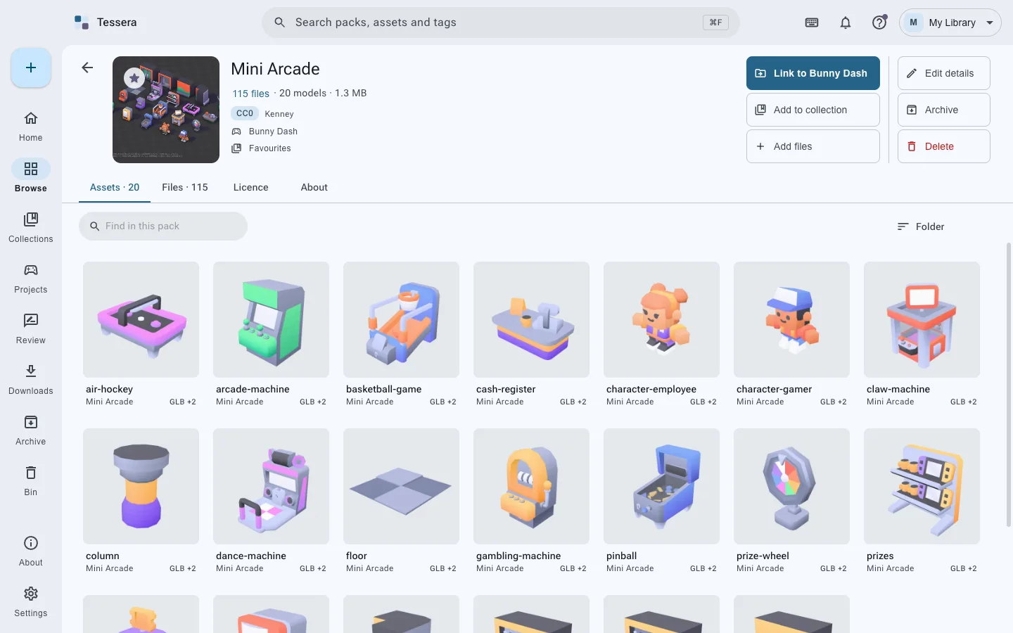 The Mini Arcade pack’s page: its cover, a CC0 license, Kenney as creator, and its twenty models.