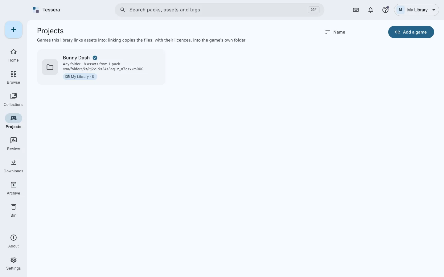 The Games page, listing game projects and the assets each one has taken.