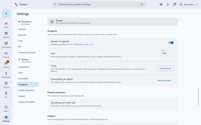 The agent settings: the local address, the tools on offer and a switch for each group of them.