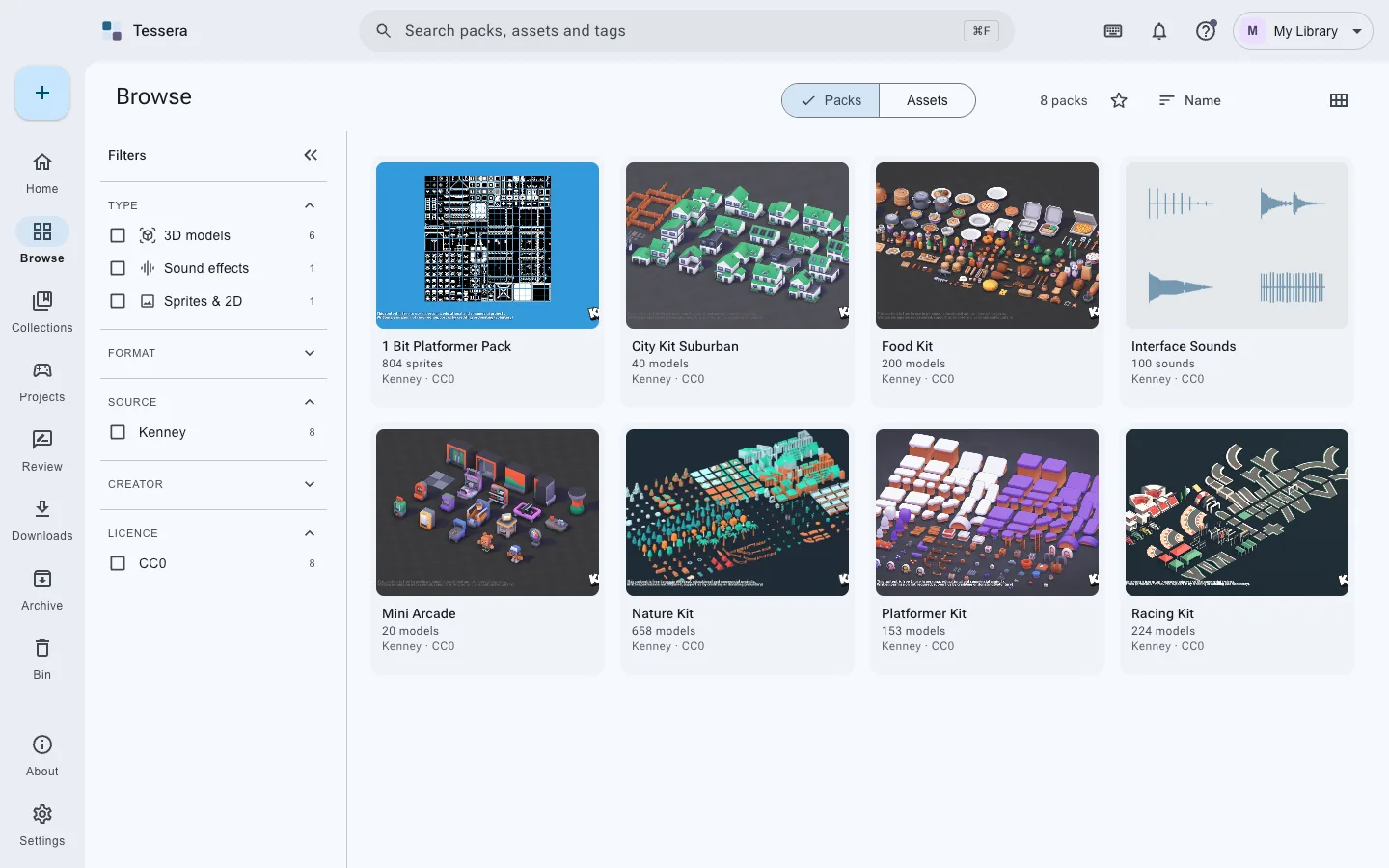Browsing by pack: eight packs as cards, each with its cover, how many models it holds, its creator and its license.