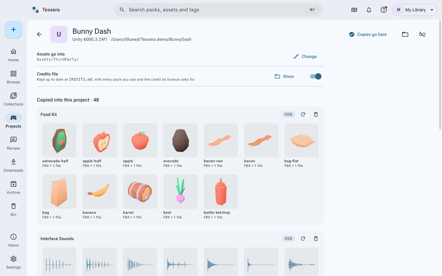 A game’s page: the folder its assets land in, the credits file it keeps, and every asset copied into it, grouped by pack.