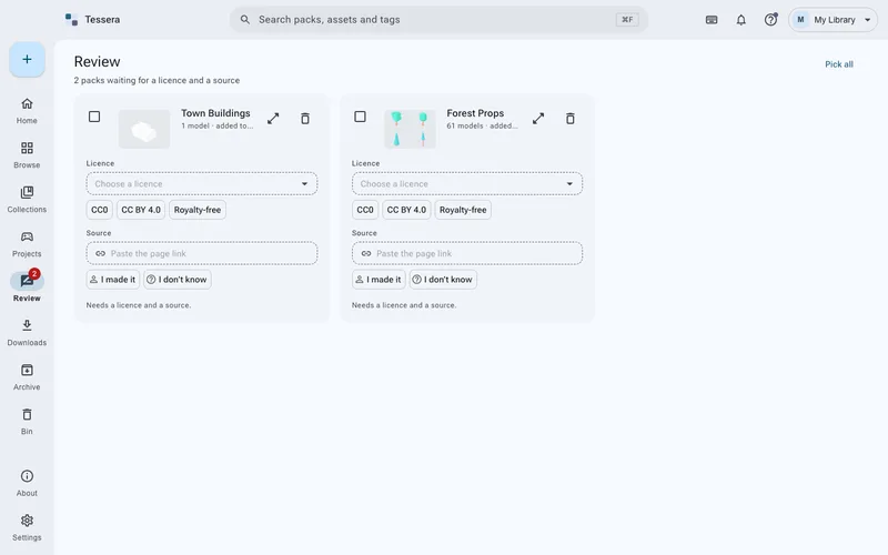 The Review screen: packs waiting with no license recorded, each with the answer it needs.