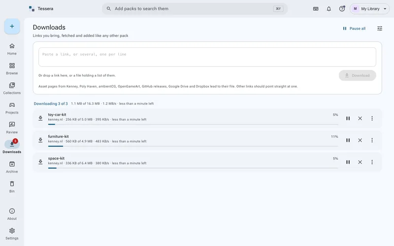 The Downloads screen, with a box to paste links into and the files it has fetched.