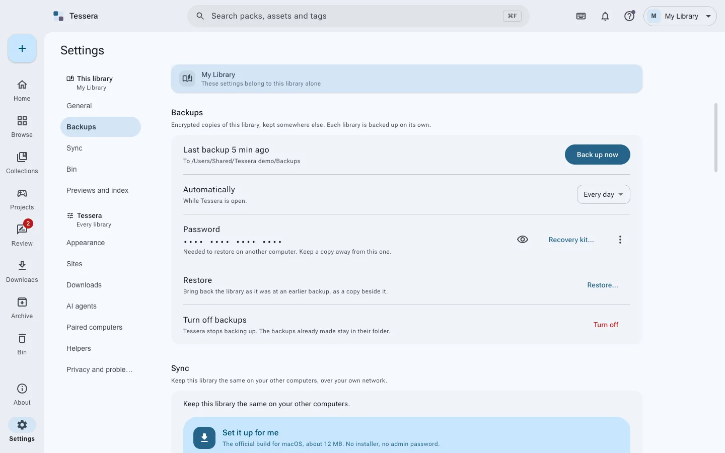 The backups screen in Tessera, listing snapshots and where they are kept.