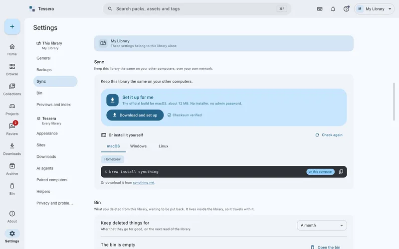 The sync settings: pairing this library with another computer over your own network.